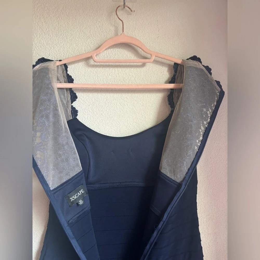 Xscape Navy Blue Lace Cap Sleeve Bodycon Jersey Special Occasion Sheath Dress 10 - Picture 9 of 12